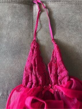 Frederick's of Hollywood Hot Pink Lace Halter Babydoll